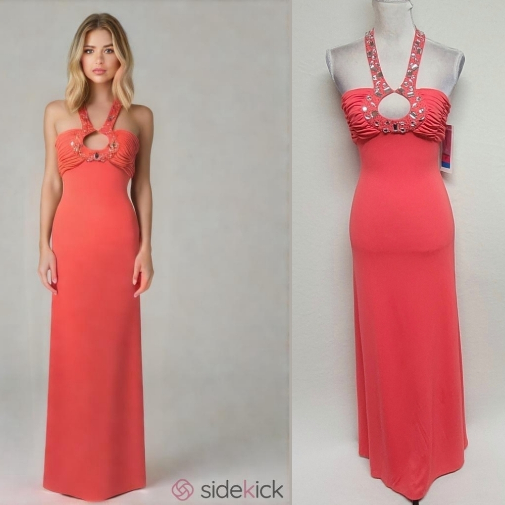 Y2K Deadstock Vintage Morgan & Co Coral Jersey Knit Cut-out Halter Maxi Dress XS